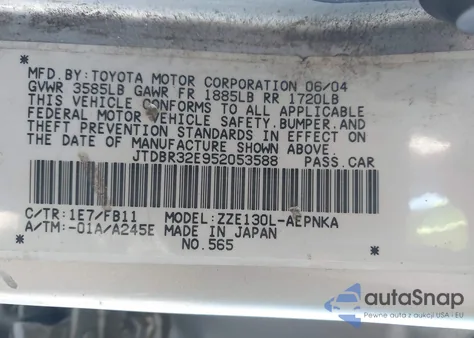 2005 Toyota Corolla Le from USA, damaged, VIN JTDBR32E952053588